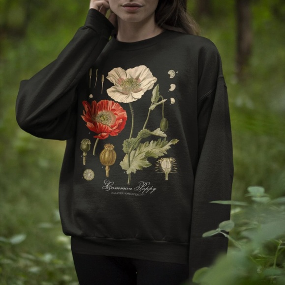 Vintage Poppy Flowers Sweatshirt Black NWOT - Size XL Unisex - Picture 2 of 9